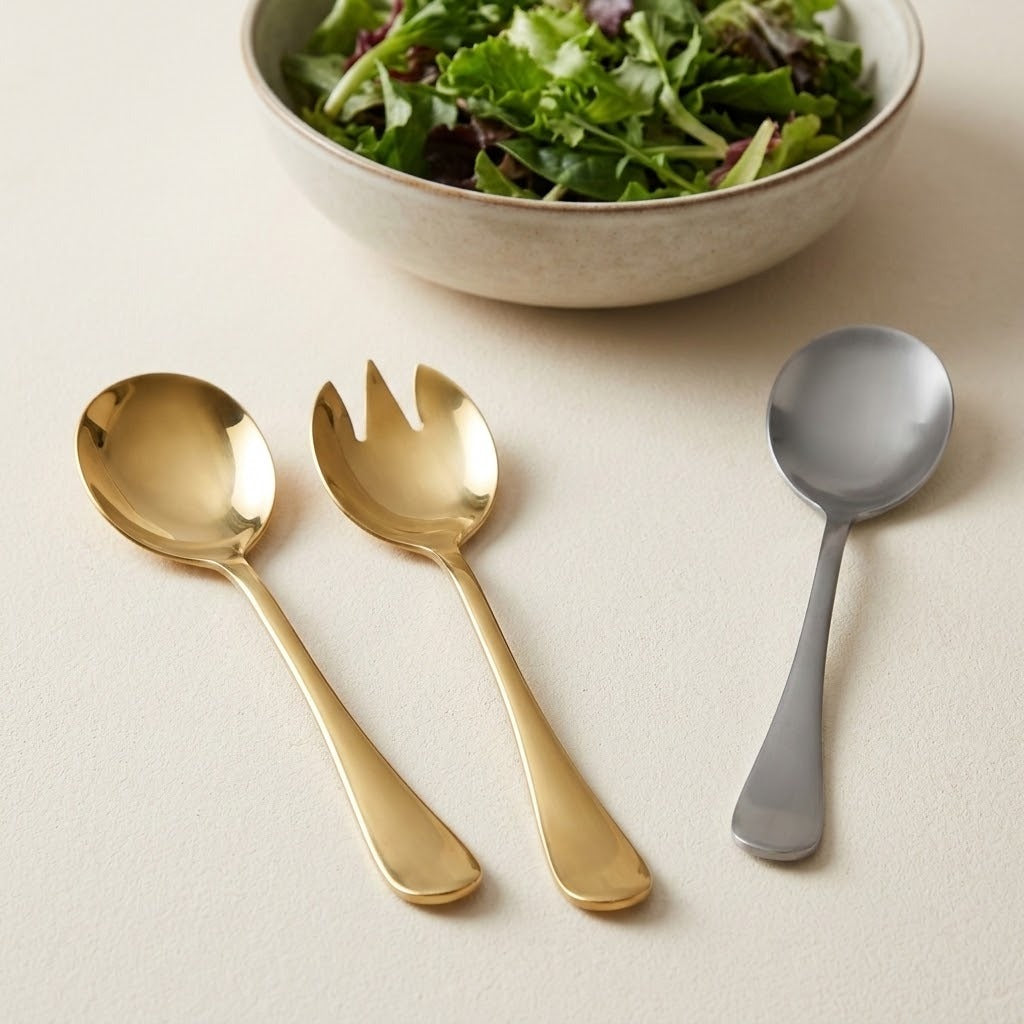 Three salad serving utensils on a light beige surface: two gold-toned utensils on the left and one silver-toned utensil on the right, with a bowl of mixed greens blurred in the background.