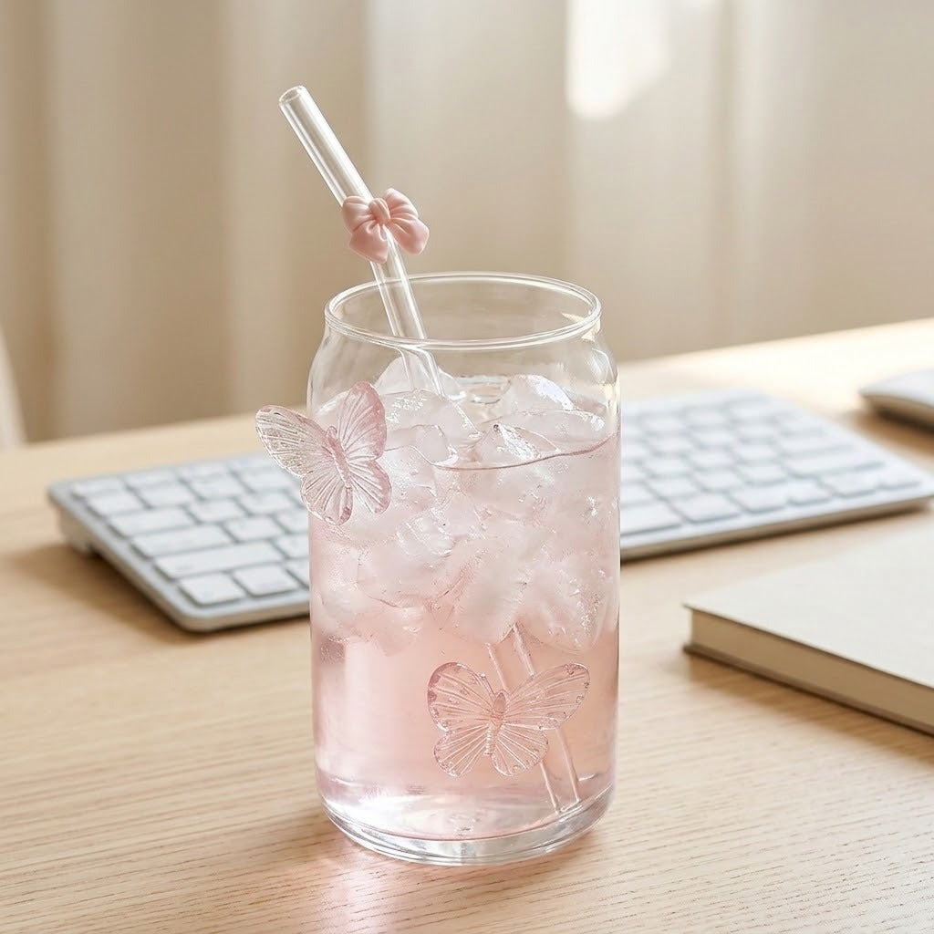 A clear glass jar-style tumbler with butterfly decorations, filled with a pink drink and ice, on a wooden desk with a keyboard and notebook in the background. A clear straw with a pink bow sits in the glass.