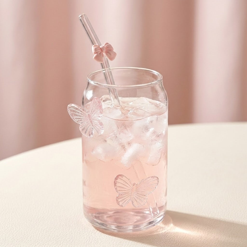 A clear glass can-shaped tumbler filled with a pink drink and ice, with butterfly-shaped glass accents and a clear straw decorated with a small pink bow, set on a light surface against a soft pink background.