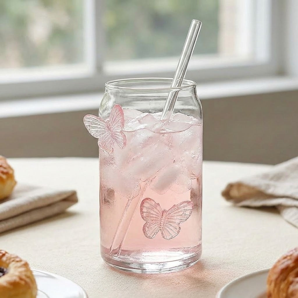 A clear glass can-shaped tumbler with embossed butterfly details, filled with a pink iced drink and a clear straw, set on a table near a window with pastries blurred in the foreground.