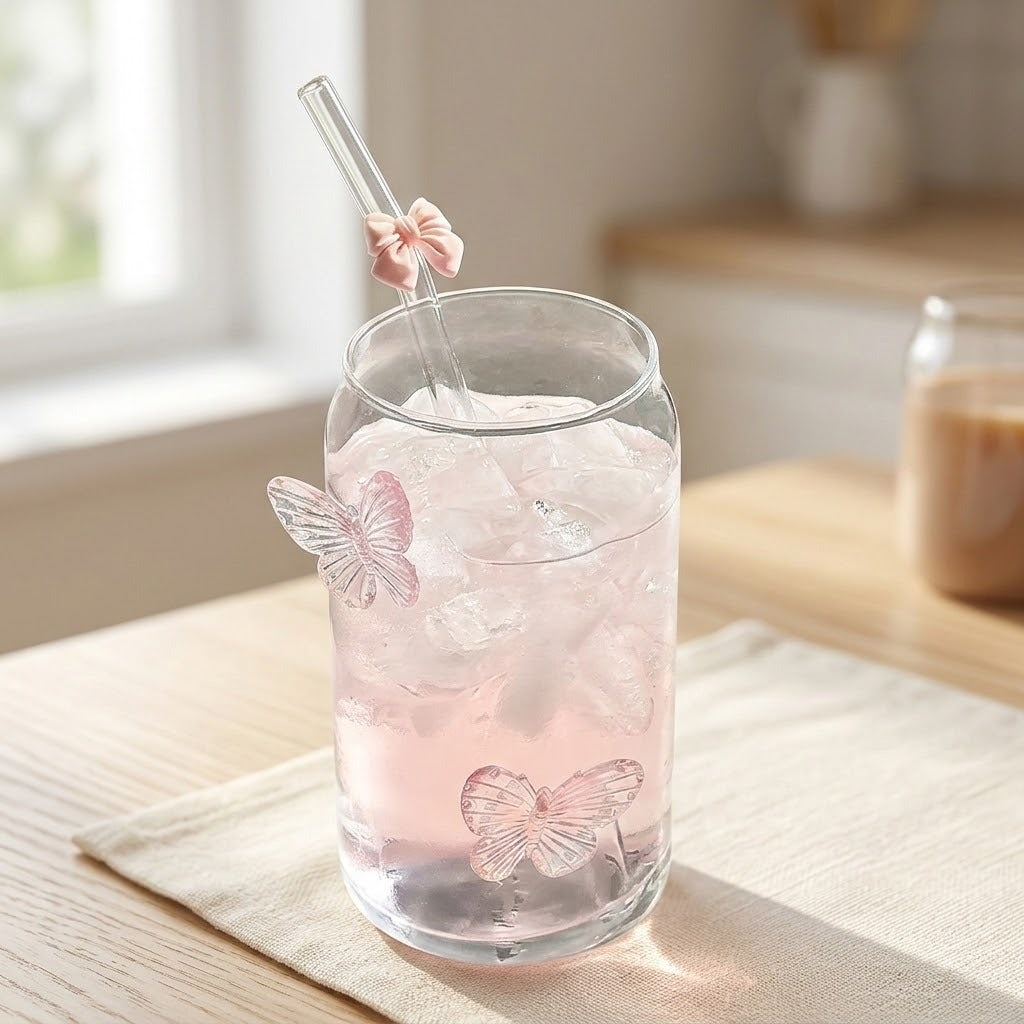 A clear glass can-shaped tumbler filled with pink iced drink and ice, decorated with two translucent pink butterfly motifs, with a clear straw and pink bow accent, set on a beige cloth on a wooden table in a softly blurred indoor setting.
