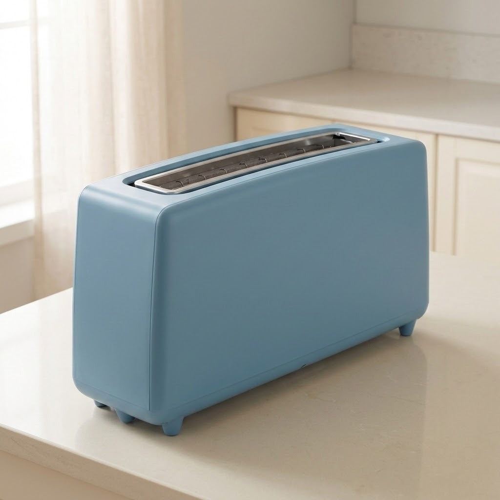 A light blue retro-style two-slot toaster sits on a cream-colored kitchen countertop with a softly blurred kitchen background.