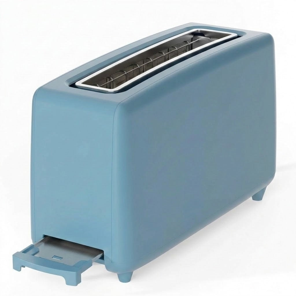 A light blue two-slot toaster with a foot pedal, shown from a three-quarter angle on a white background.