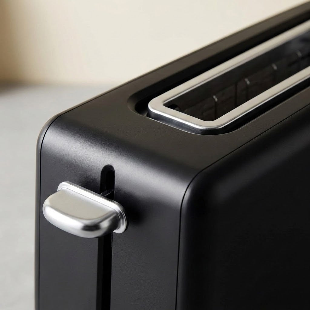 Close-up of a matte black toaster with a silver lever handle and metallic trim, shown against a softly blurred light beige background.