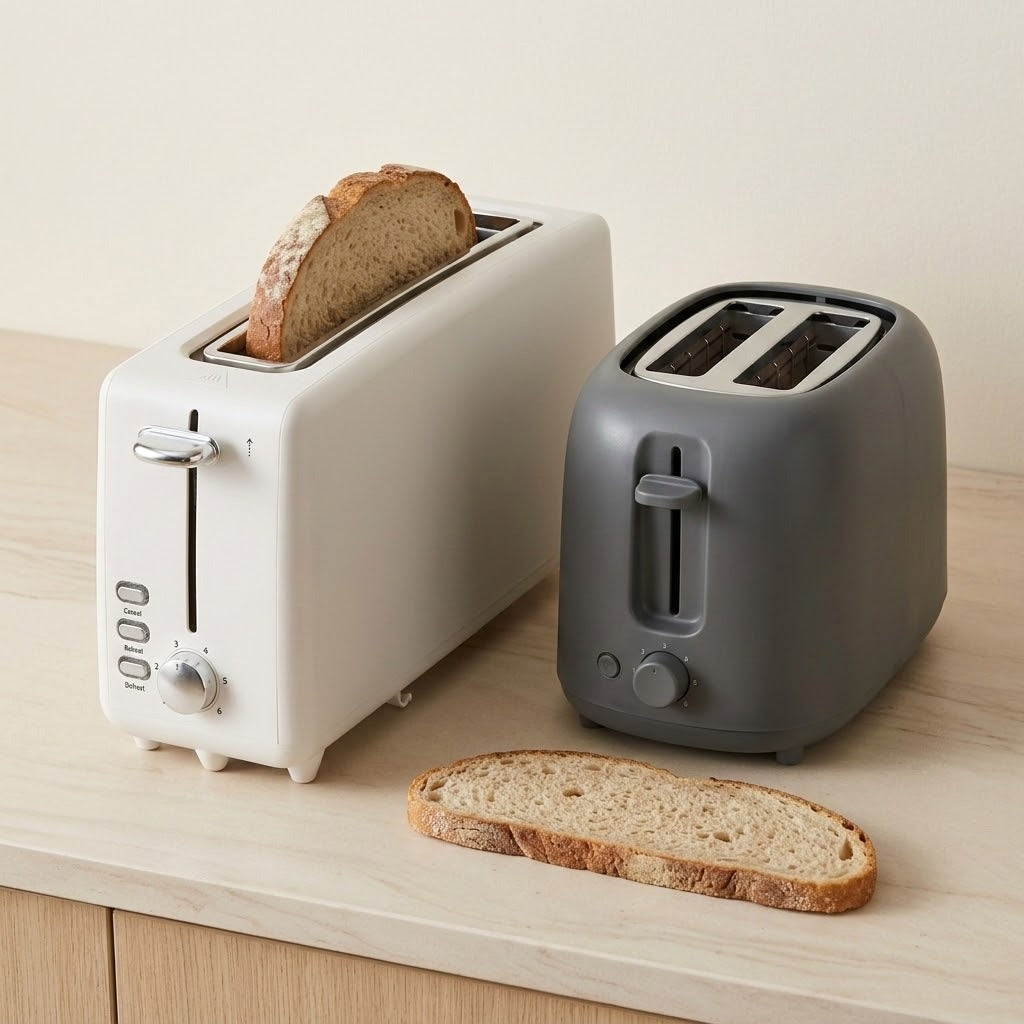 Two modern toaster ovens in off-white and dark gray sit on a light wood countertop, each with a slice of bread in the slot above it, against a plain beige wall.