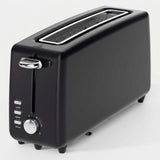 A black two-slice toaster with silver metal accents, including a chrome handle, silver control buttons, and a silver trim line around the top slot opening, shown on a light gray background.