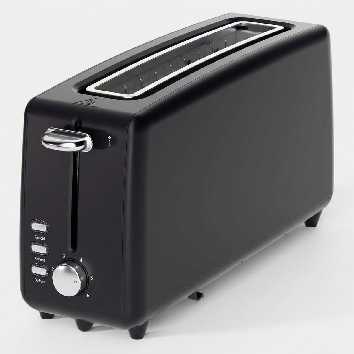 A black two-slice toaster with silver metal accents, including a chrome handle, silver control buttons, and a silver trim line around the top slot opening, shown on a light gray background.