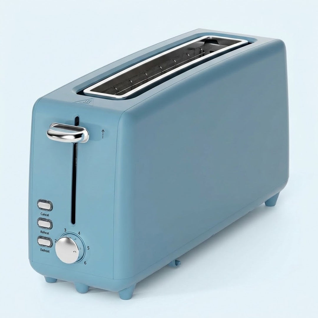 A light blue retro-style two-slot toaster with chrome accents, including a lever handle, control buttons, and a rotary dial, shown on a light blue background.