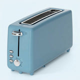 A light blue retro-style two-slot toaster with chrome accents, including a lever handle, control buttons, and a rotary dial, shown on a light blue background.