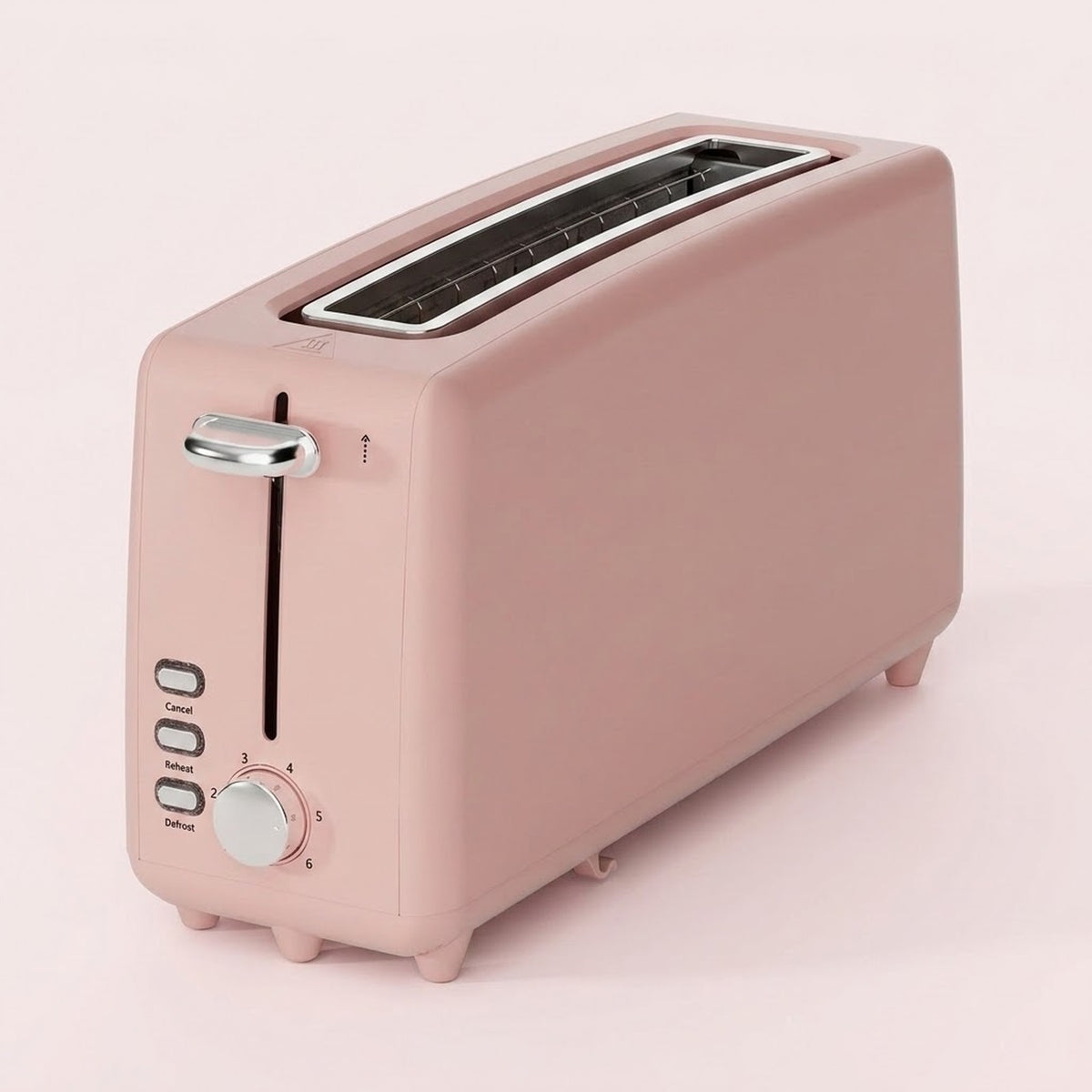 A retro-style two-slot toaster in a matte dusty pink color, featuring a silver lever handle, silver control buttons, and a silver rotary dial on the front panel, set against a solid pale pink background.