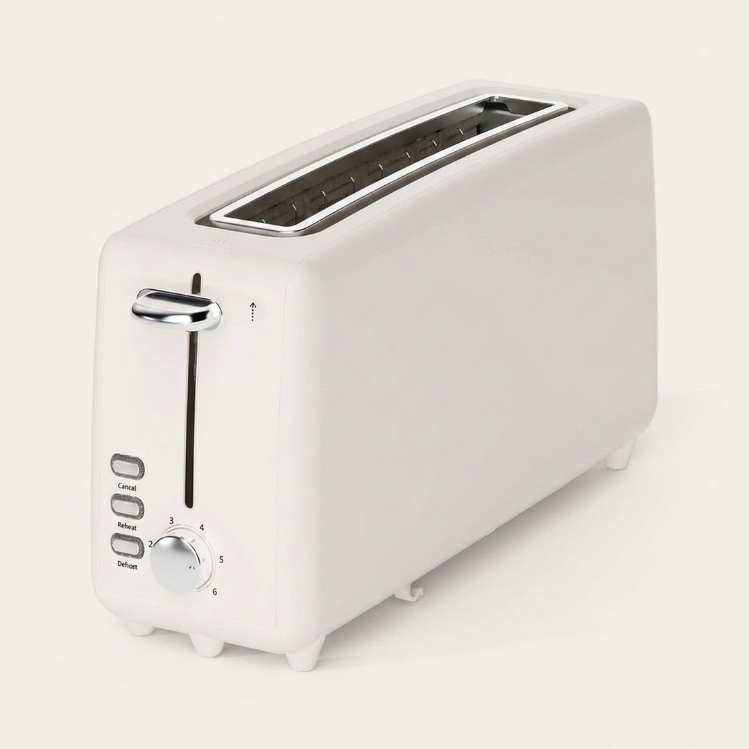 A white two-slot toaster with chrome accents, including a shiny lever handle and a round dial on the front, photographed on a clean white background.