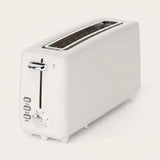 A white two-slot toaster with chrome accents, including a shiny lever handle and a round dial on the front, photographed on a clean white background.