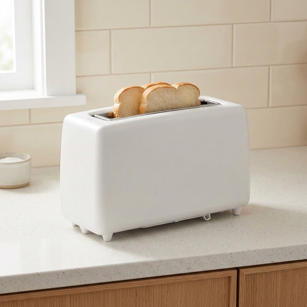 A white two-slot toaster sits on a light countertop with two slices of toast emerging from the top, set against a tiled kitchen backsplash.