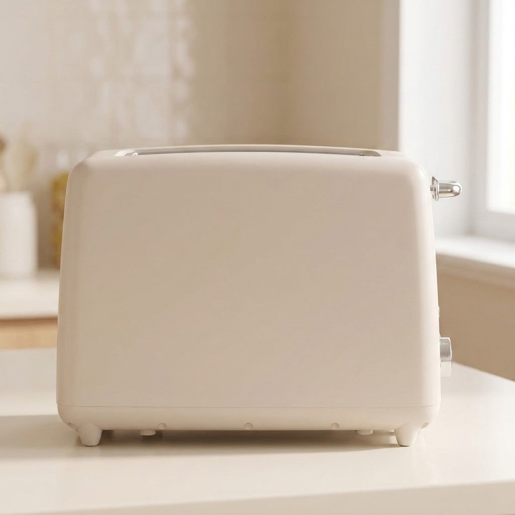 A cream-colored two-slice toaster sits on a white countertop in a bright, softly blurred kitchen setting.