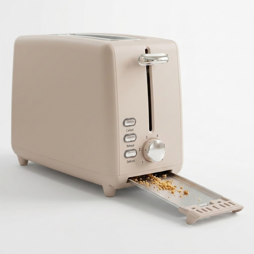 A beige toaster with its tray extended, shown on a clean white background. The toaster has a matte finish, a silver rotary dial, and button controls labeled Cancel, Toast, Defrost, and Brown.