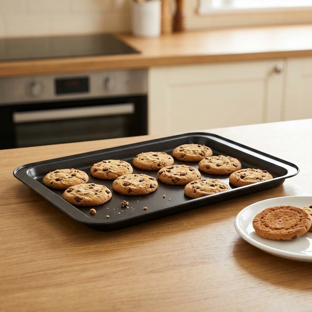 A black rectangular baking sheet with rounded corners holding several chocolate chip cookies, set on a wooden kitchen countertop with a white plate and a cookie nearby.