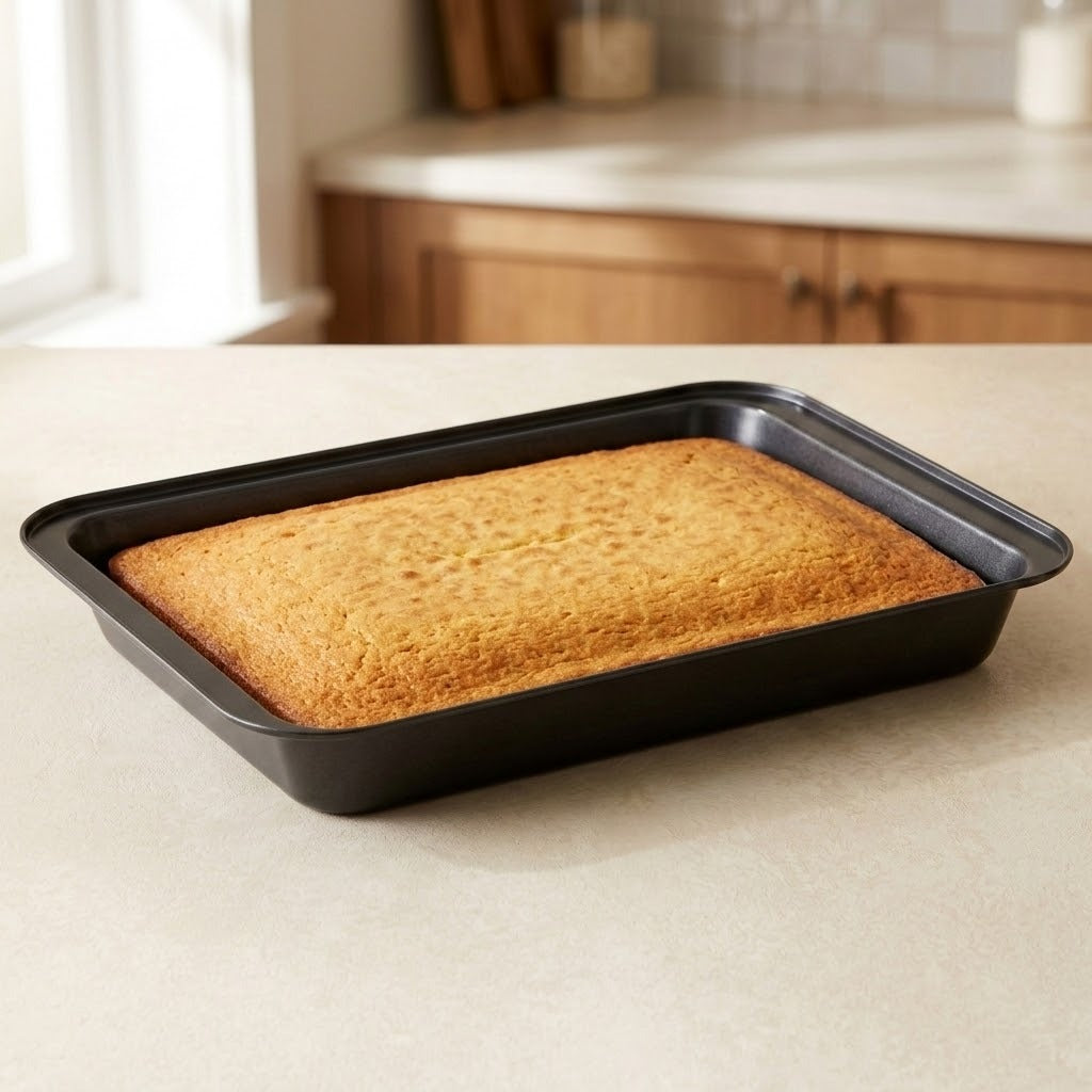 A rectangular black non-stick baking pan containing a golden-brown baked cake, set on a light beige countertop with a softly blurred kitchen background.