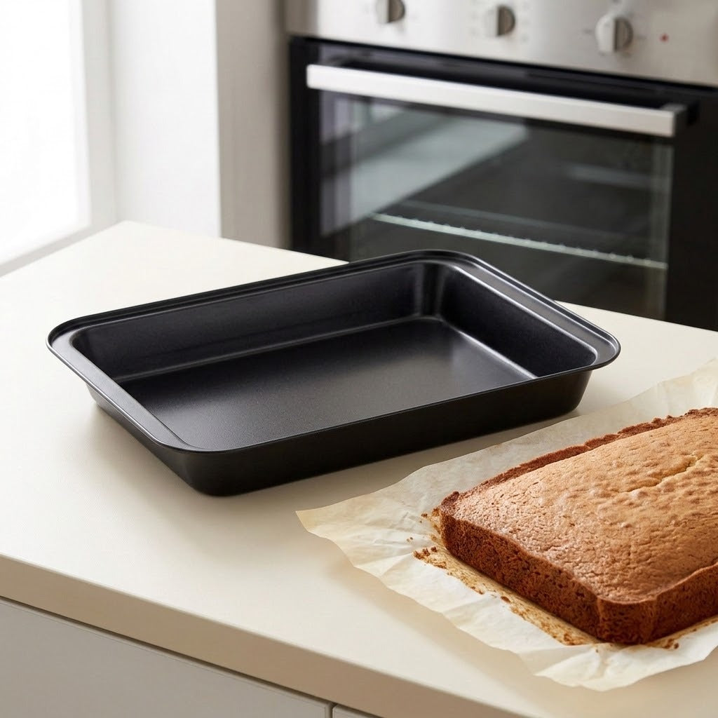 A rectangular black non-stick baking pan sits on a white kitchen countertop next to a baked loaf of cake on parchment paper, with a blurred oven in the background.