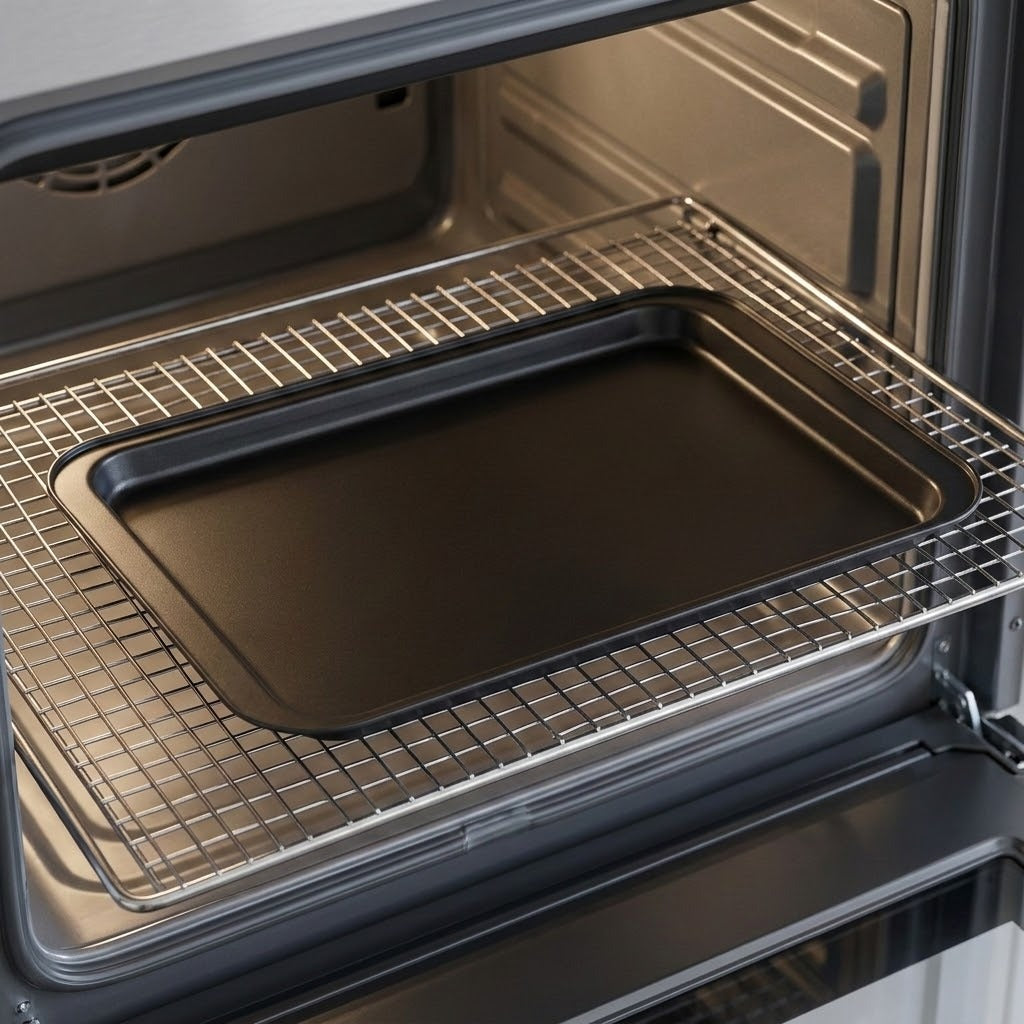 A dark rectangular baking pan resting on a metal oven rack inside an open oven.