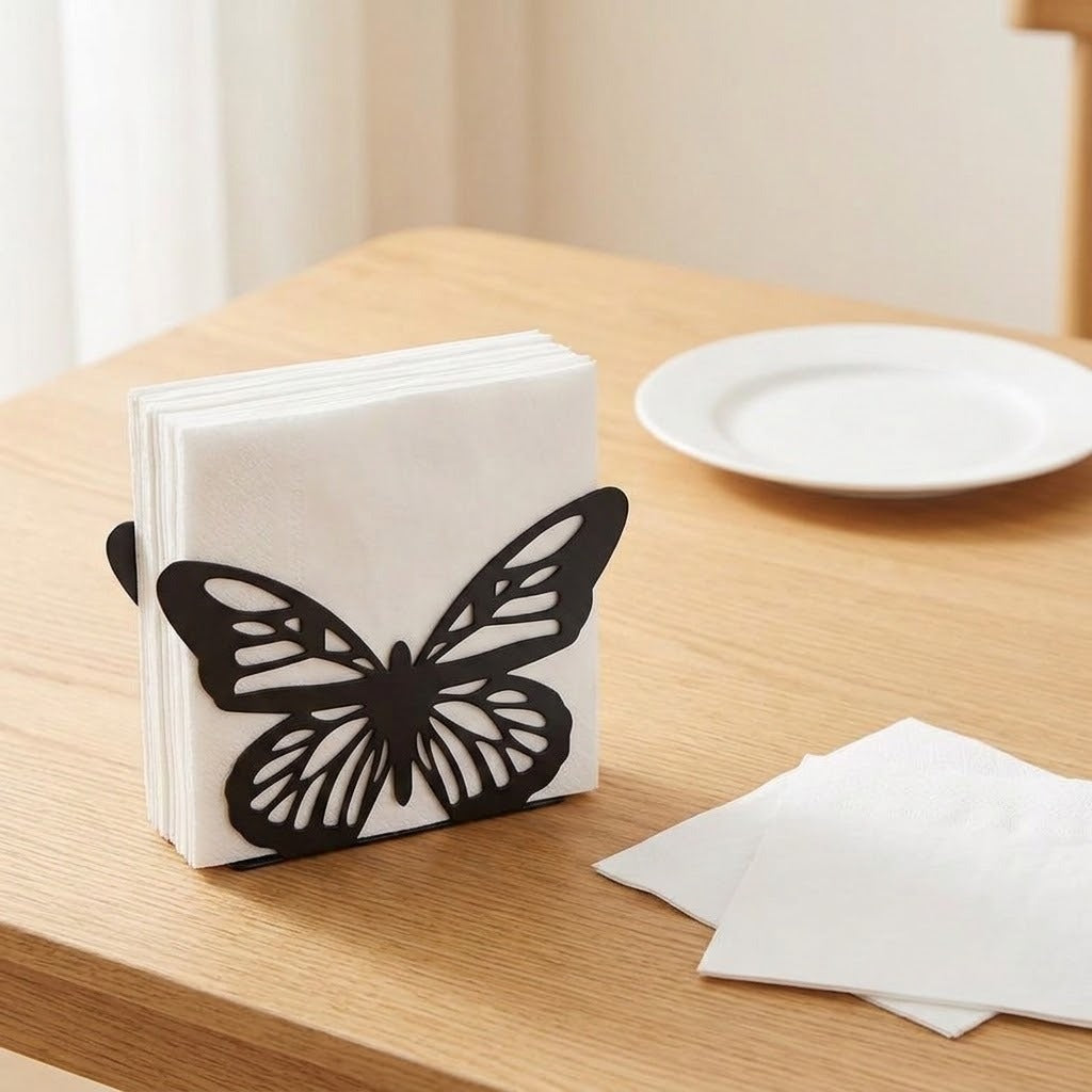 A stack of white paper napkins with a black butterfly-shaped holder or cover, standing on a light wood table next to a white plate and loose napkins.