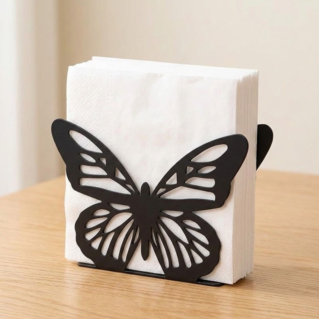 A black butterfly-shaped paper towel or napkin holder holding a stack of white paper towels, set on a light wood tabletop against a soft beige background.