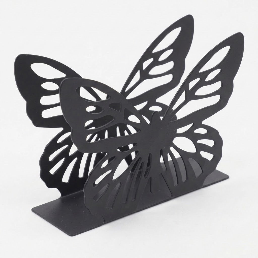 A black metal butterfly bookend with a double-layered butterfly design, photographed on a clean white background.