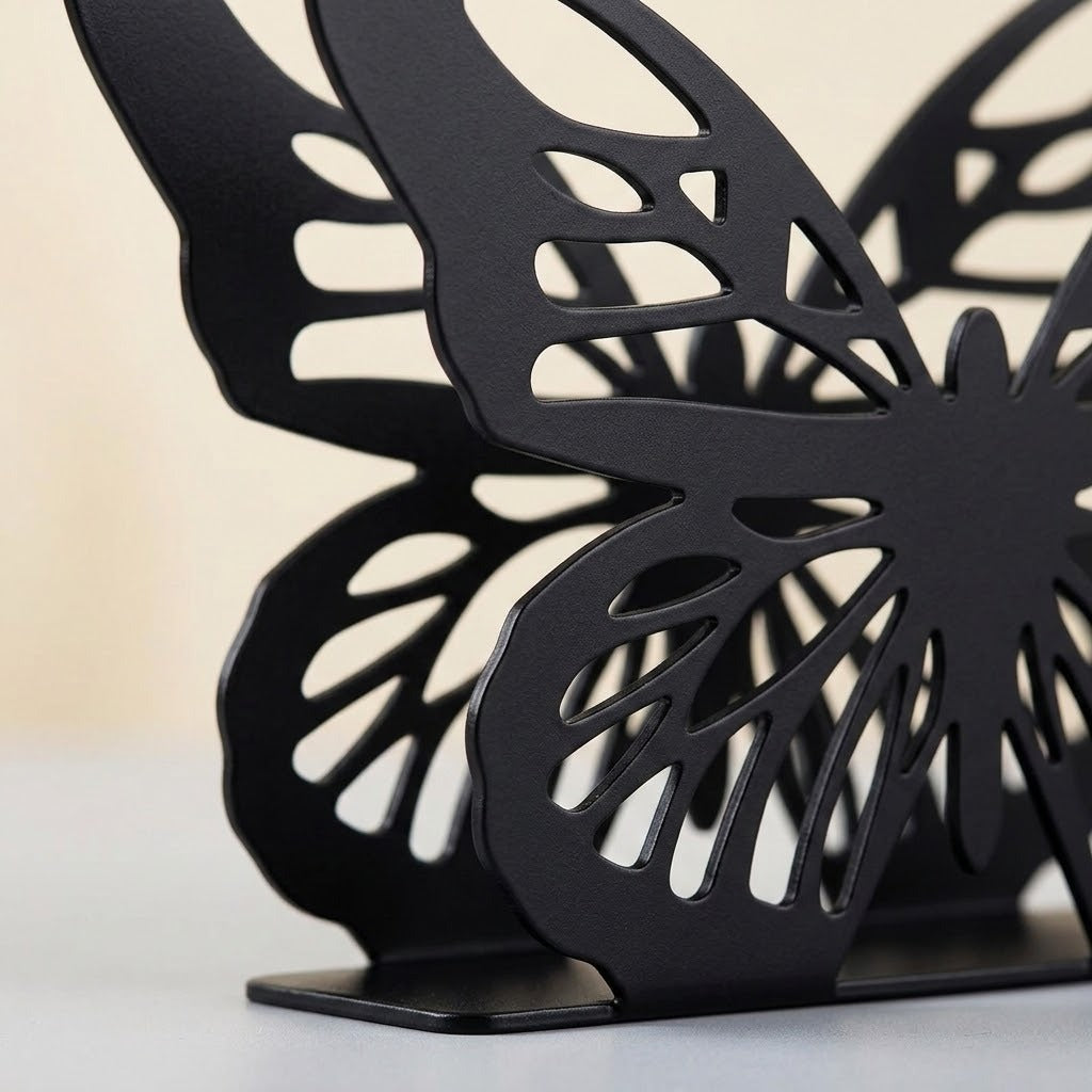 Black metal butterfly bookends holding up a book on a light surface with a soft beige background.