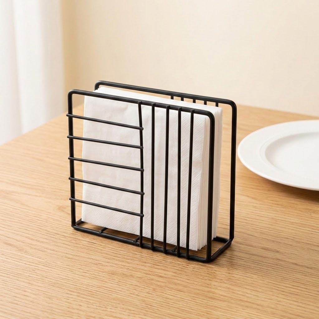 A black metal wire grid napkin holder containing white paper napkins, placed on a light wood tabletop with a white plate partially visible in the background.