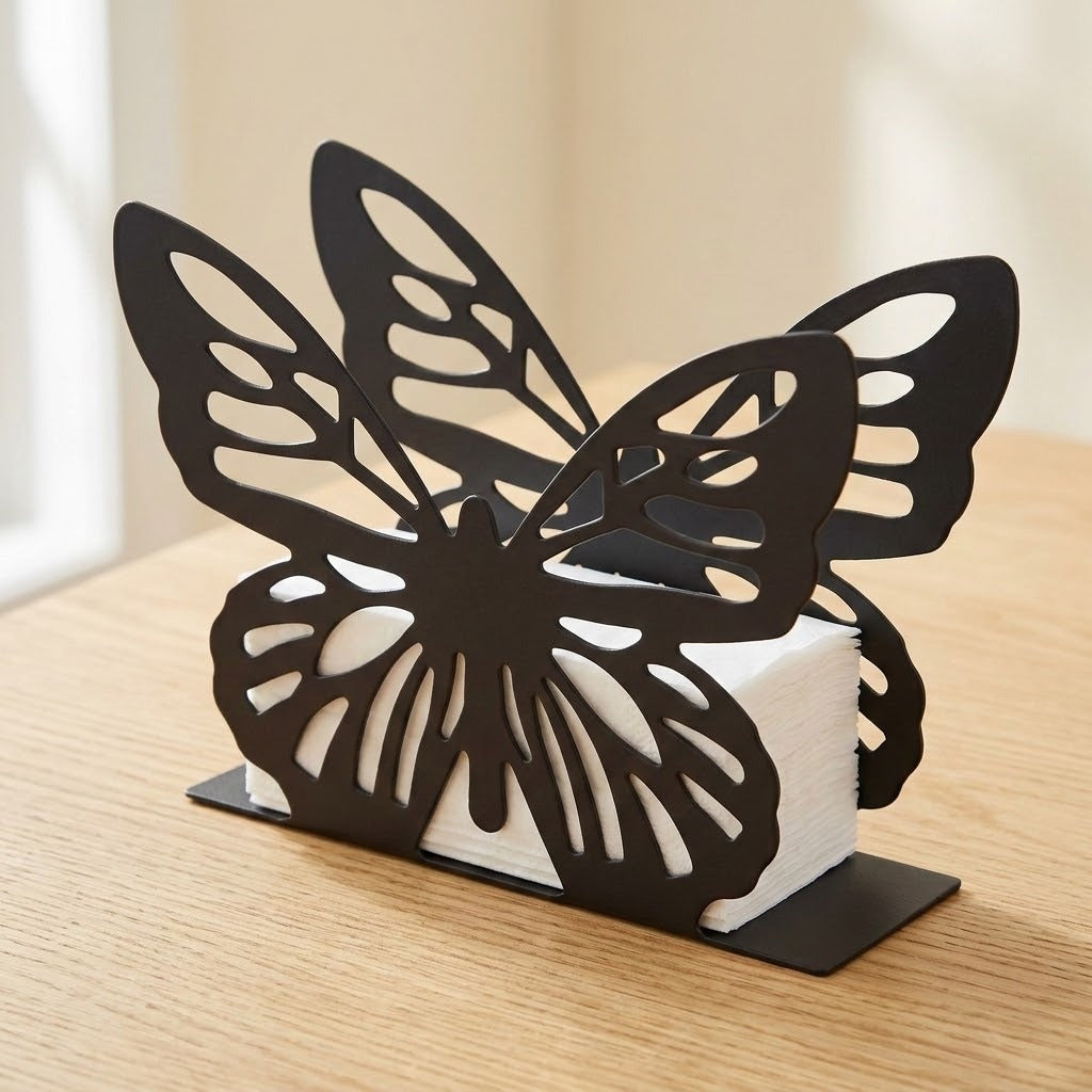 A black butterfly-shaped metal napkin holder with intricate wing cutouts, holding a stack of white napkins on a light wood tabletop.