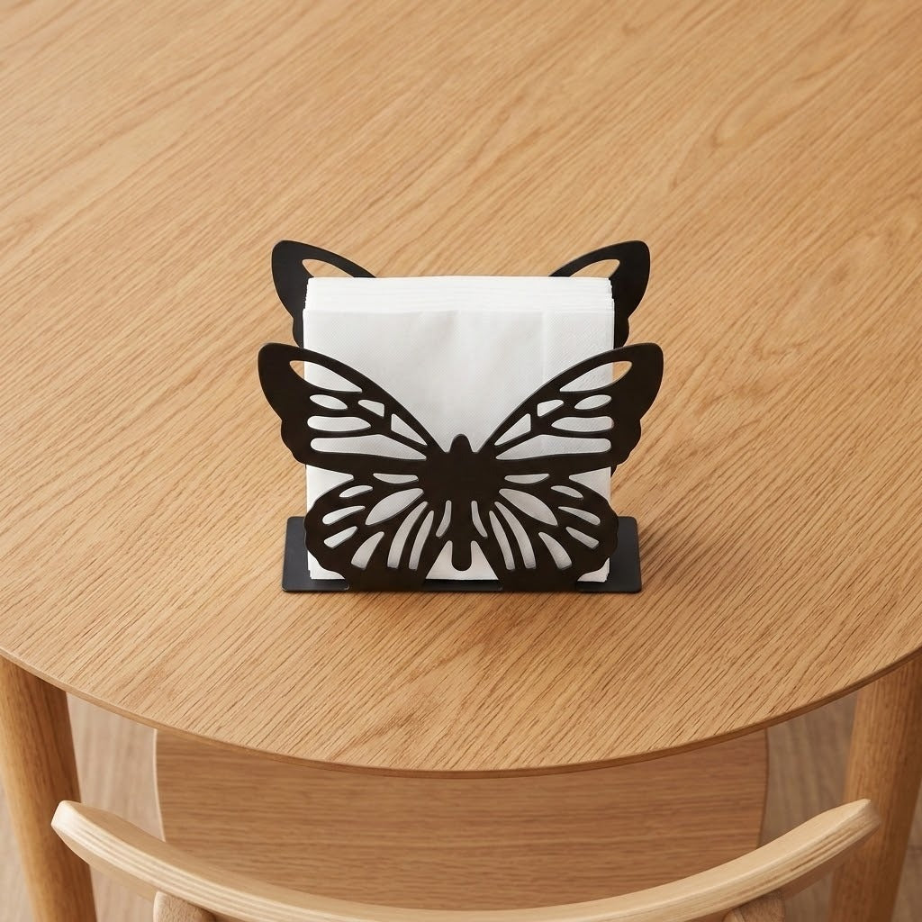 A black butterfly-shaped paper napkin holder sitting on a light wood table, holding a white paper napkin.