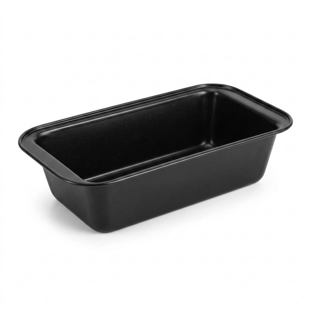 A black rectangular loaf pan with a non-stick coating, shown from a three-quarters perspective on a clean white background.