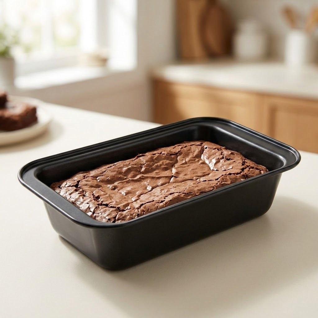 A rectangular black loaf pan containing a freshly baked brownie, set on a light-colored kitchen counter with a softly blurred kitchen background.