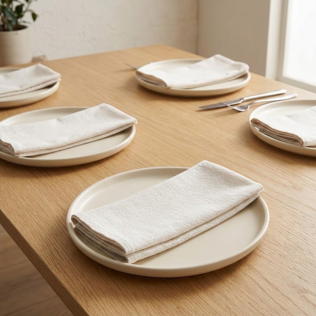 A styled dining table setting with multiple beige ceramic plates, folded off-white cloth napkins, and silver flatware arranged on a light wood table in a bright room.