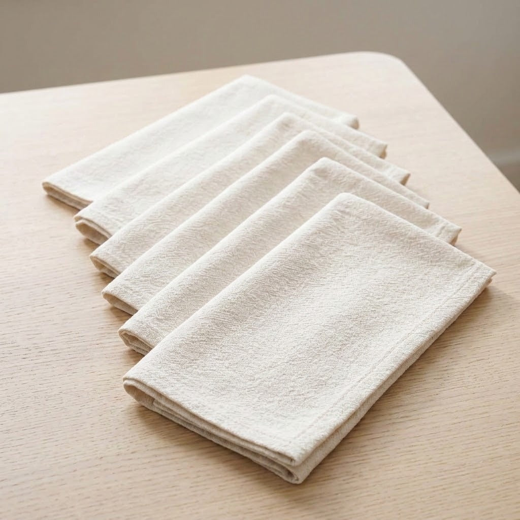 Five folded off-white cotton napkins arranged in a fan shape on a light wood tabletop.