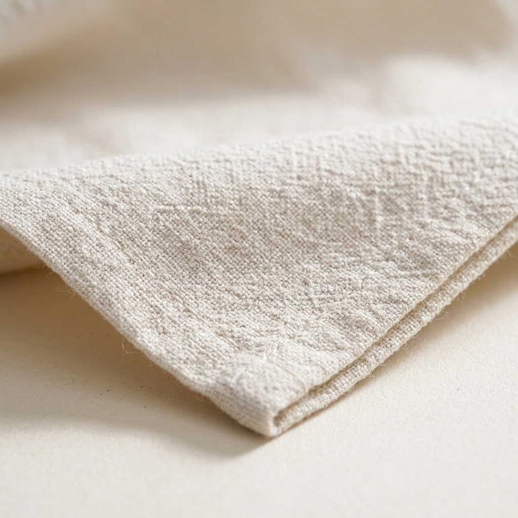 A close-up of a folded cream-colored textured fabric, likely cotton or linen, showing its woven detail and soft shadows.