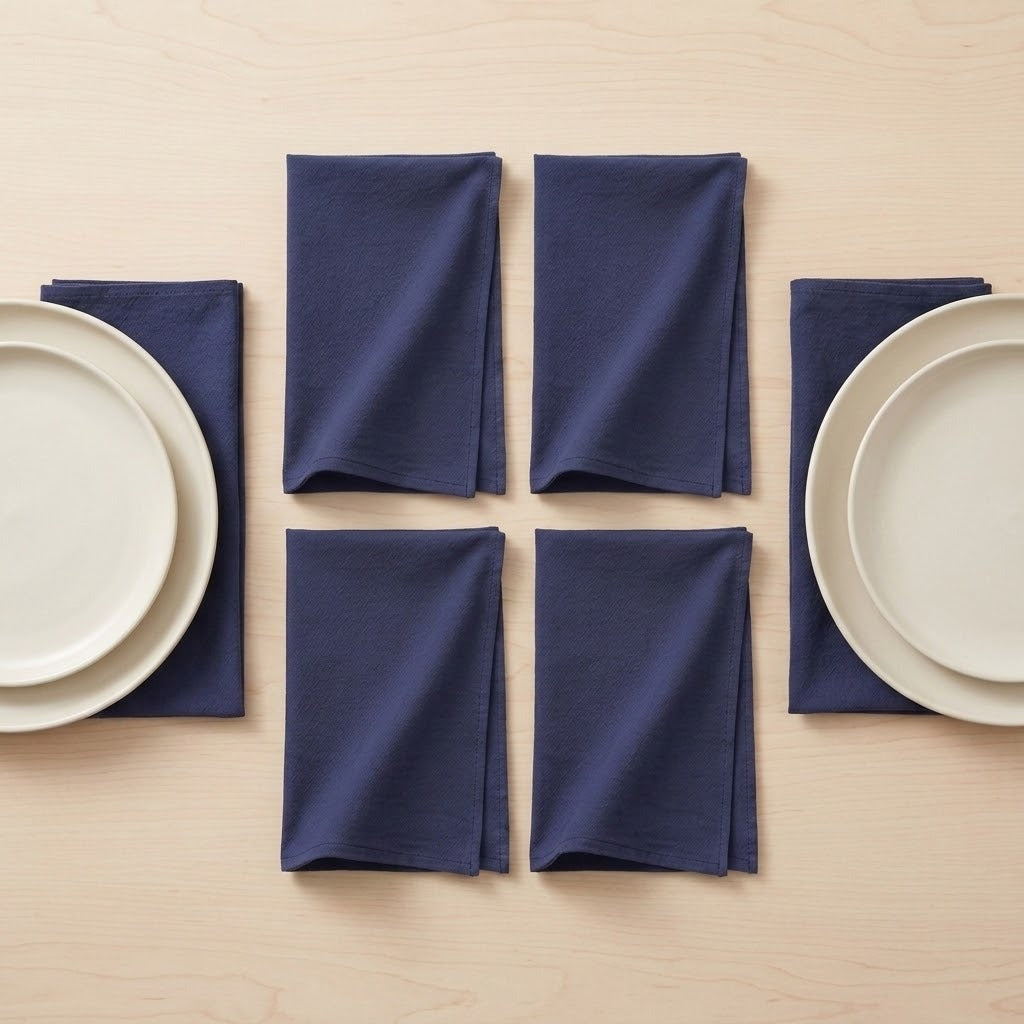 Six navy blue folded cloth napkins arranged on a light wood tabletop with white plates partially visible at the left and right edges.
