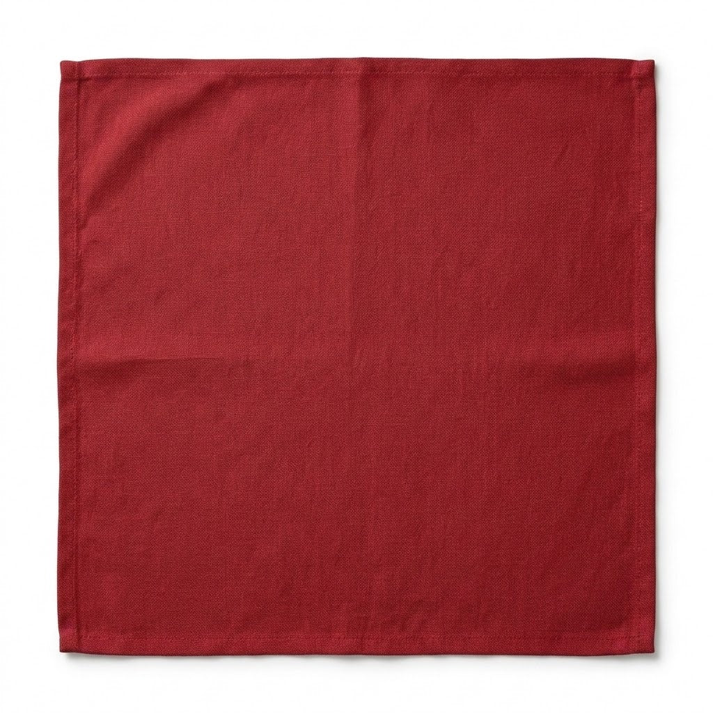 A square red cloth napkin or handkerchief with a visible linen-like texture, laid flat against a clean white background.