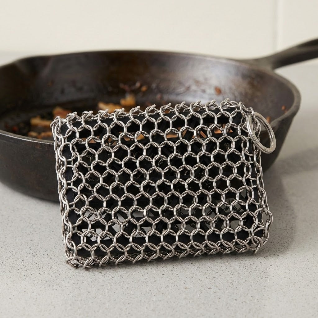 A silver metal mesh scrubber block with a hanging ring, resting in front of a dark cast iron skillet on a light gray countertop.