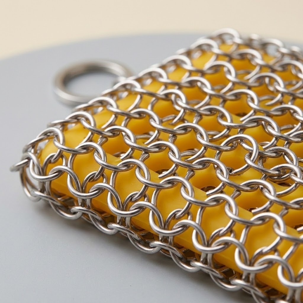 A close-up of a yellow sponge wrapped in silver metal chainmail mesh, with a metal key ring attached, resting on a light gray surface.