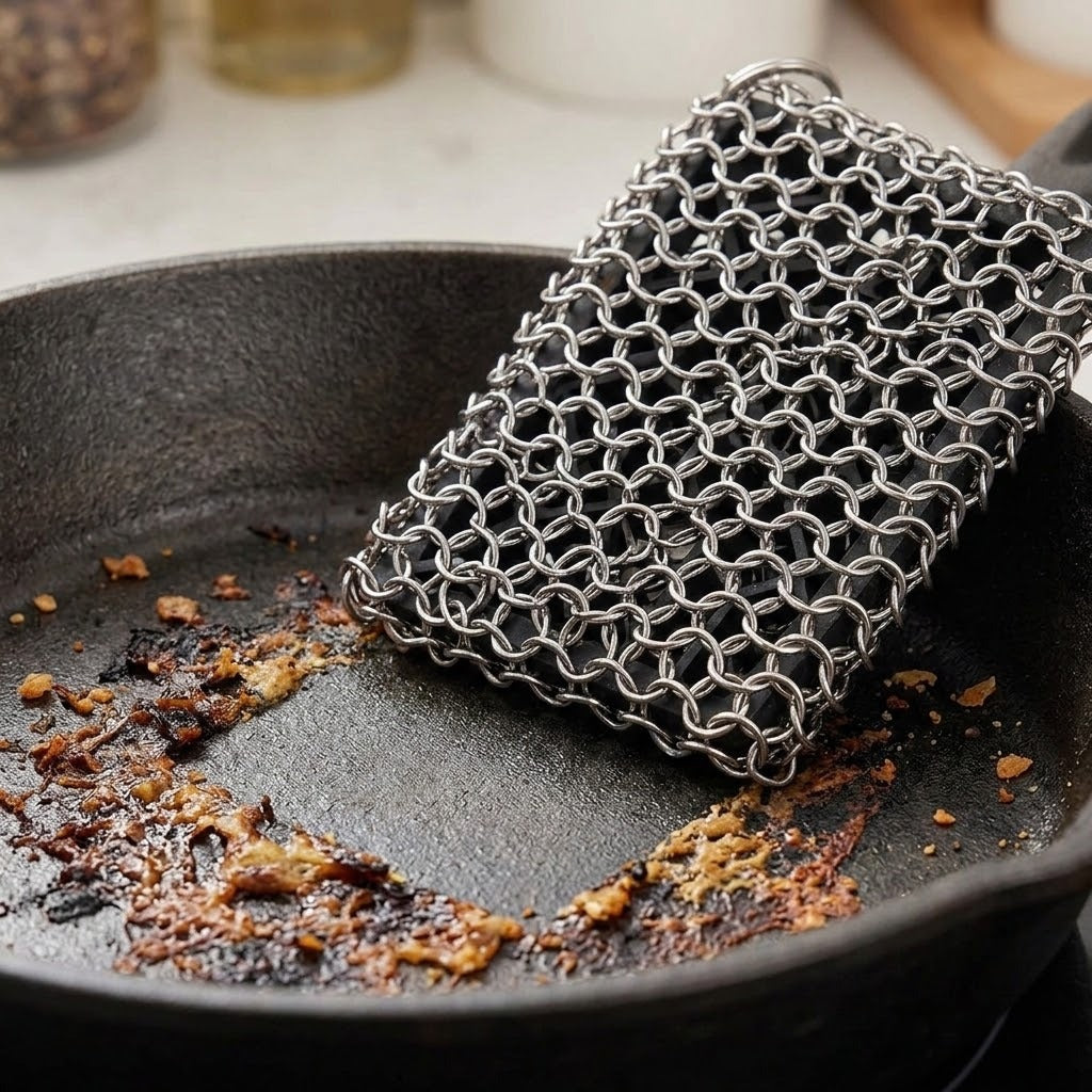 A rectangular steel chainmail scrubber resting inside a dark cast iron skillet with burnt food residue, demonstrating its use for cleaning.
