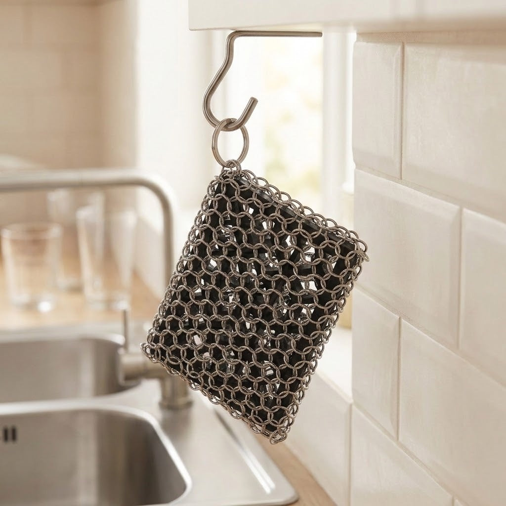 A stainless steel wire mesh sponge scrubber hangs from a metal hook mounted on a white kitchen cabinet, with a sink and tiled wall in the background.