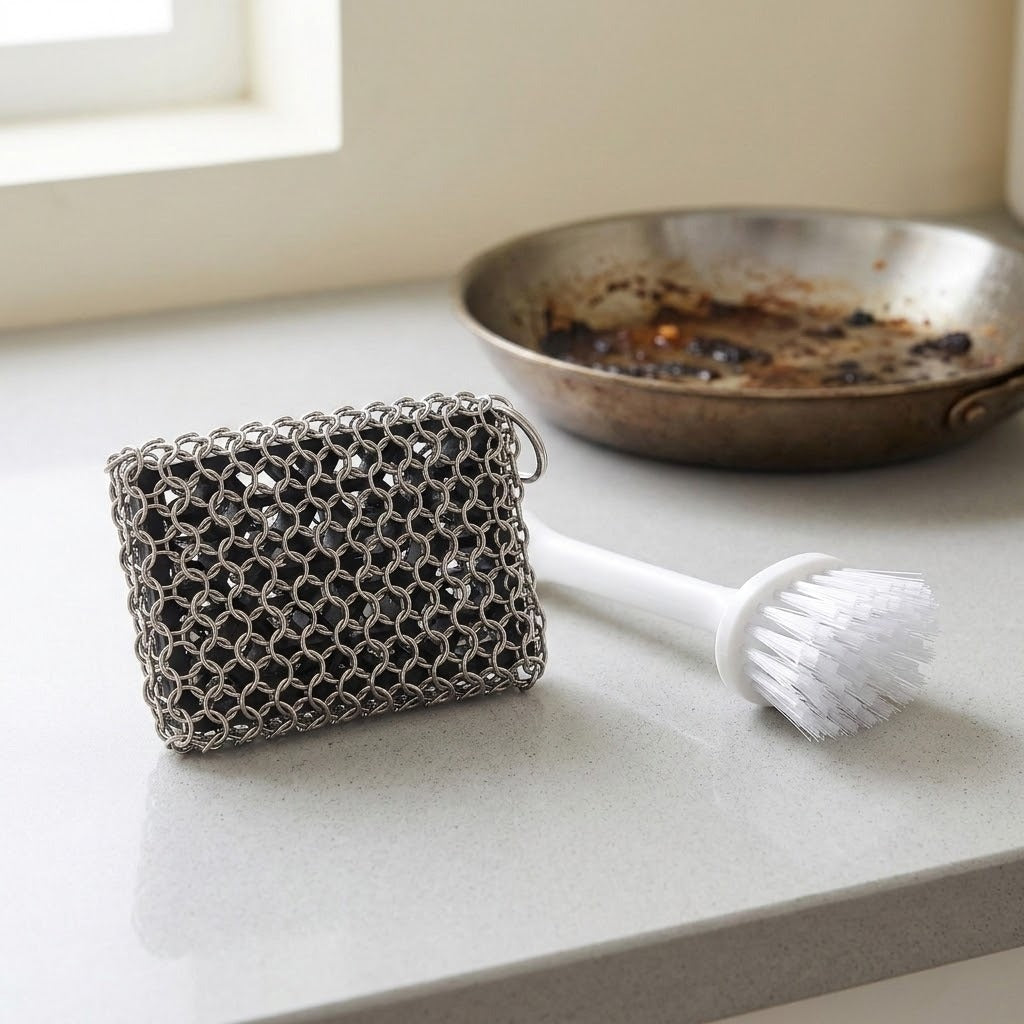 A silver metal mesh dish scrubber and brush with white bristles resting on a light gray countertop, with a stained metal pan blurred in the background near a window.