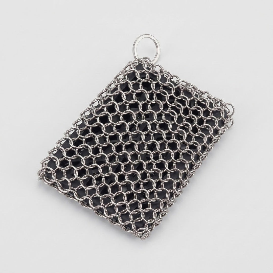 A square silver chainmail or chainmaille pendant with a top loop, shown on a light gray background.