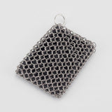 A square silver chainmail or chainmaille pendant with a top loop, shown on a light gray background.