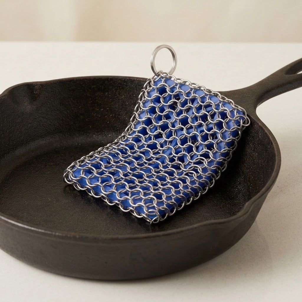 A handmade kitchen tool made of blue and silver chainmail mesh with a hanging loop, resting inside a black cast iron skillet on a light surface.