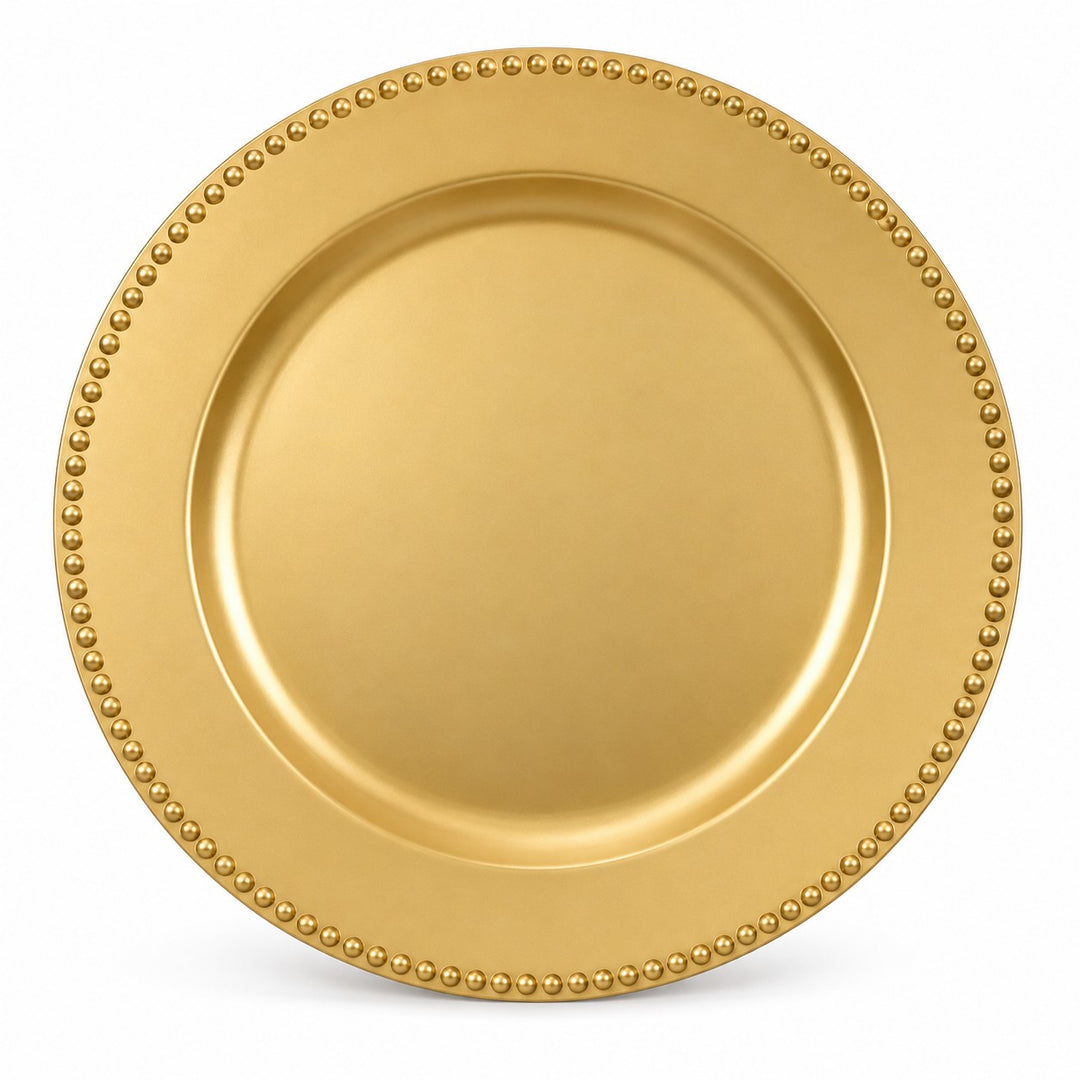 One Gold Beaded Charger Plate centered alone on a pure white background.