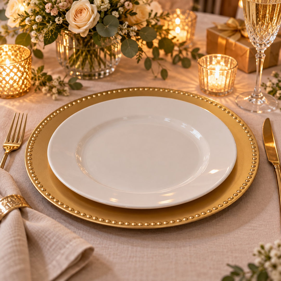 Gold Beaded Charger Plate layered under a white plate at a festive birthday table.