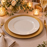 Gold Beaded Charger Plate layered under a white plate at a festive birthday table.