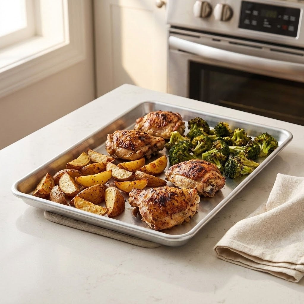 A rectangular metal baking sheet holding roasted chicken pieces, potato wedges, and broccoli, set on a light countertop in a kitchen with an oven and window in the background.