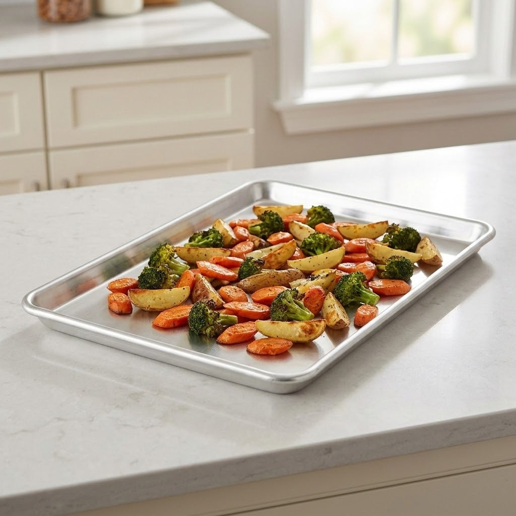 A rectangular stainless steel baking sheet holding roasted broccoli, carrots, and potato wedges, placed on a light countertop in a bright kitchen setting.